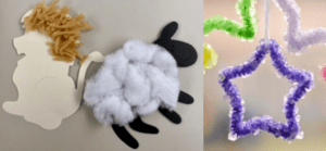 March Take & Make craft samples: a paper lion with a yarn mane, a paper lamb with cotton ball coat, and a crystal covered pipe cleaner suncatcher.