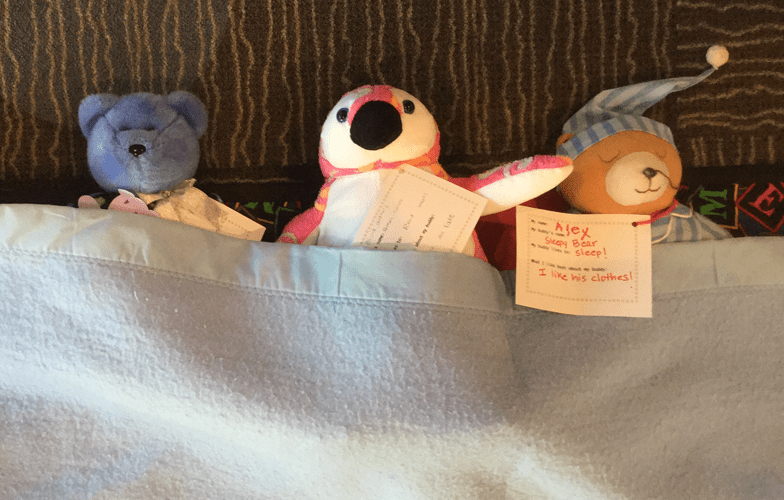 stuffed animals tucked under a blanket for a stuffie sleepover at the Library.