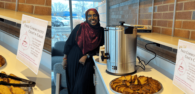 Samira with tea pot and treats at Chat'n Chai.