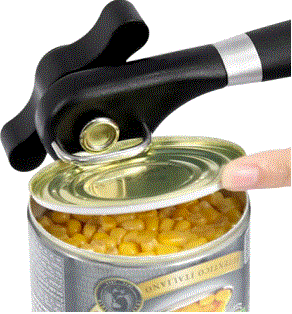 Manual can opener being used to open a can of corn.