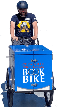 Eric riding Book Bike