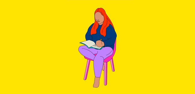 drawing of woman sitting in char and writing in a notebook.