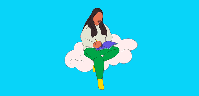 Drawing of woman sitting on a cloud and writing in a book.