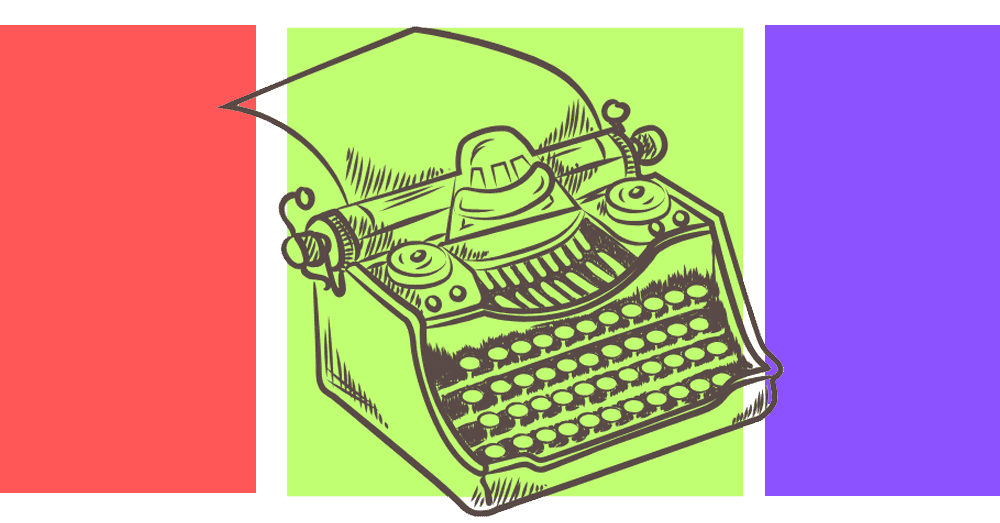 Drawing of a typewriter with colored squares in the background.