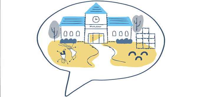 a drawing of a speech bubble that contains a picture of a school with kids playing in front.