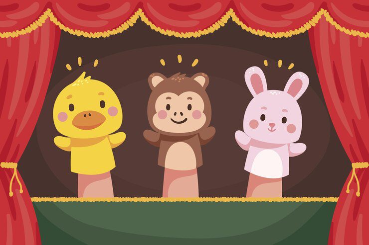 clip art showing a finger puppet show of a duck, monkey and bunny.