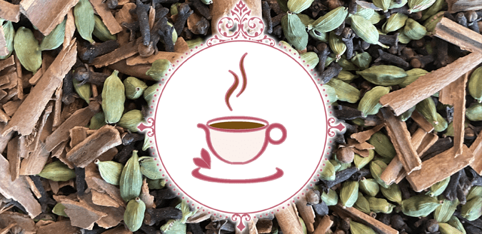 Chat'n Chai logo of a cup of tea. Background photo of chai spices.