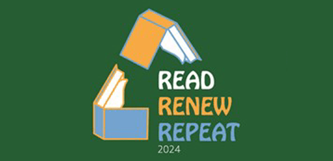 Read Renew Repeat 2024 summer reading challenge t-shirt design sponsored by Hills Bank