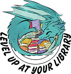 Level Up At Your Library - dragon with a hoard of books official 2025 artwork by Carey Pietsch