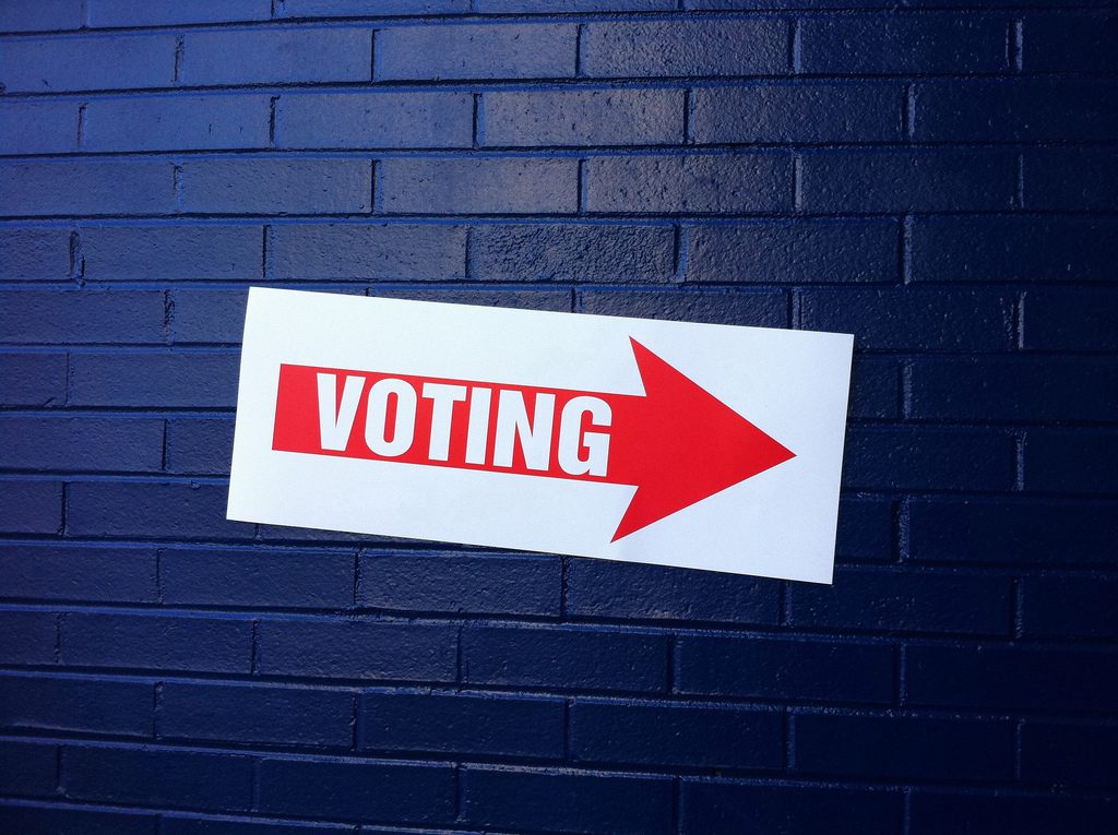 Red arrow with the word "voting" on a blue wall.