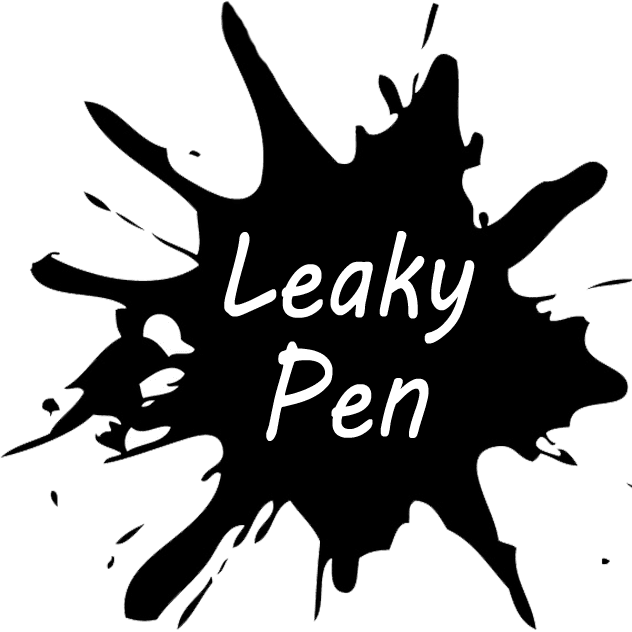 Ink splatter with Leaky Pen written in the middle.