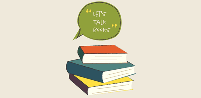 Let's talk books speech bubble over stack of books