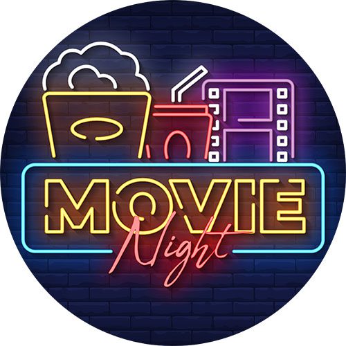 Movie Night neon sign with popcorn, drink, and a film strip.