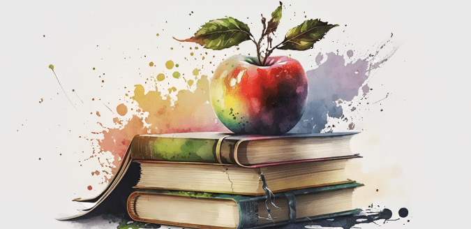 watercolor apple on top of a stack of books - adobe stock image