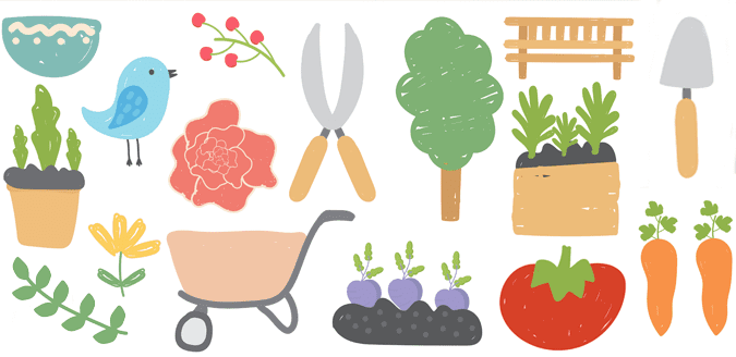 small gardening drawings including a wheel barrow, a tomato, a rose, a bird, berries, a bench, hedge clippers and flowers.