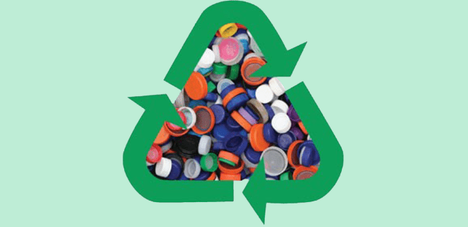 green recycling symbol (three arrows in a triangle) with plastic bottle caps in the middle.