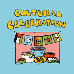 Cultural Celebration drawing with flags and food