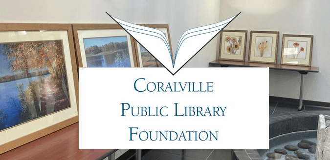 Coralville Public Library Foundation logo over image of local art work on display.
