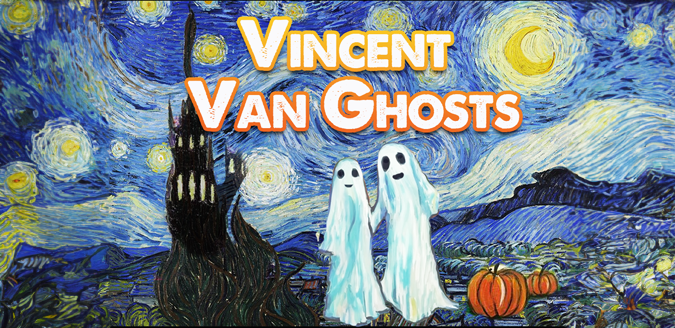 Vincent Van Ghosts - ghosts and pumpkins painted into Vincent Van Goes starry night painting.