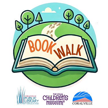 Book Walk logo with Coralville Public Library, Iowa Children's Museum and Coralville Parks and Recreation logos below it.