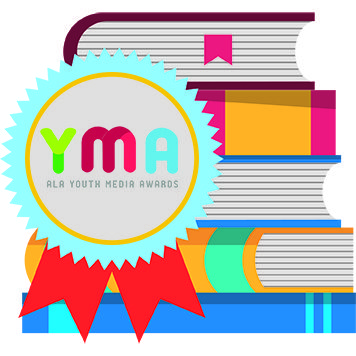 YMA - Youth Media Award ribbon on top of a stack of books.